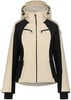 Beige Jacke mit schwarzen Einsätzen und Kapuze, Reißverschlüssen und Logo.