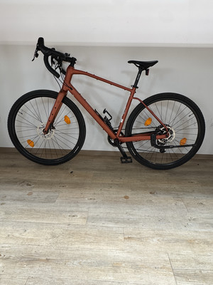 Ein braunes Gravelbike steht auf einem Holzboden vor einer weißen Wand.