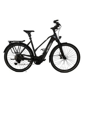 Schwarzes Elektrofahrrad mit Gepäckträger und Federung.