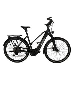 Schwarzes Elektrofahrrad mit Gepäckträger und Federung.
