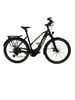 Schwarzes Elektrofahrrad mit Gepäckträger und Federung.