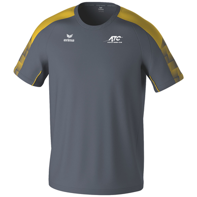 Graues T-Shirt mit gelben Schultern und ATC-Logo auf der Brust.