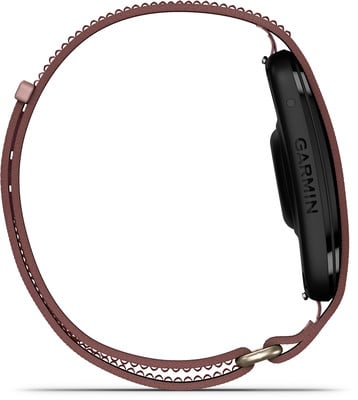 Garmin Smartwatch mit braunem Stoffarmband, Seitenansicht. Garmin Smartwatch mit braunem Stoffarmband, Seitenansicht.