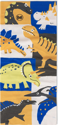 Muster mit verschiedenen Dinosauriern auf buntem Hintergrund.