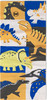 Muster mit verschiedenen Dinosauriern auf buntem Hintergrund.