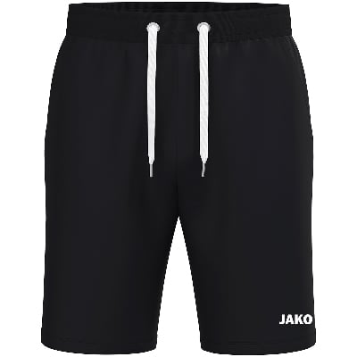 Schwarze JAKO Herren-Shorts mit weißem Kordelzug und Logo.