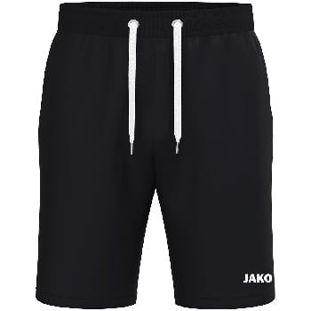 Schwarze JAKO Herren-Shorts mit weißem Kordelzug und Logo.