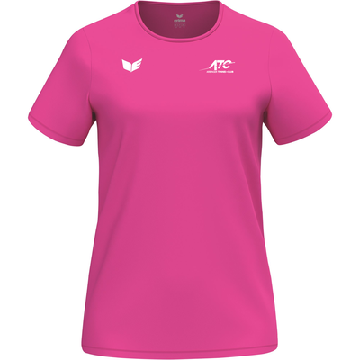 Ein pinkes T-Shirt mit kurzen Ärmeln und einem Logo auf der Brust.