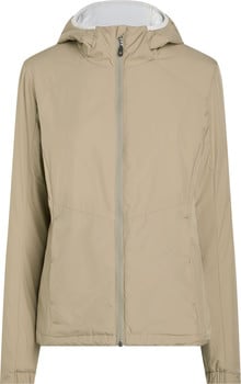 Eine beige leichte Kapuzenjacke mit Reißverschluss.