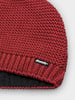 Rote Strickmütze mit schwarzem Futter und Eistír-Logo.