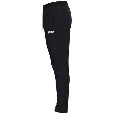 Schwarze Sporthose mit weißem JAKO-Logo auf dem linken Bein. Schwarze Sporthose mit weißem JAKO-Logo auf dem linken Bein.