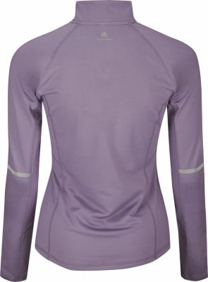 Lila Damen-Sportshirt mit Stehkragen und reflektierenden Details.