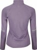 Lila Damen-Sportshirt mit Stehkragen und reflektierenden Details.