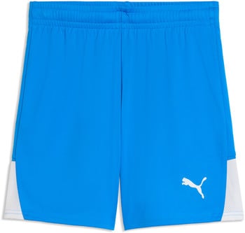 Blaue Puma-Shorts mit weißem Logo und seitlichen Mesh-Einsätzen.
