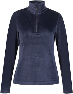 Dunkelblaues Cord-Shirt mit langen Ärmeln und weißem Reißverschluss am Kragen. Dunkelblaues Cord-Shirt mit langen Ärmeln und weißem Reißverschluss am Kragen.
