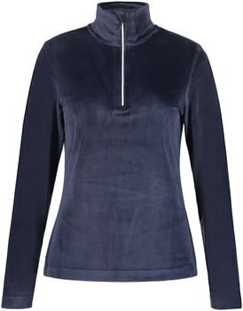 Dunkelblaues Cord-Shirt mit langen Ärmeln und weißem Reißverschluss am Kragen.