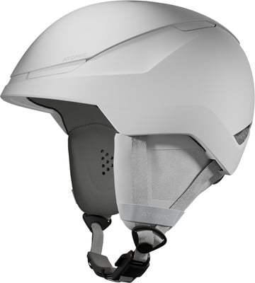 Ein weißer Atomic-Skihelm mit dezentem Logo und verstellbarem Riemen. Ein weißer Atomic-Skihelm mit dezentem Logo und verstellbarem Riemen.