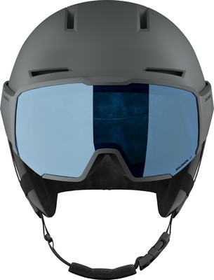 Grauer Skihelm mit hellblauer Visier und schwarzen Riemen. Grauer Skihelm mit hellblauer Visier und schwarzen Riemen.
