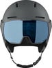 Grauer Skihelm mit hellblauer Visier und schwarzen Riemen.