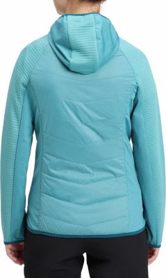 Rückansicht einer Damen-Türkisjacke mit Kapuze und gestepptem Einsatz. Rückansicht einer Damen-Türkisjacke mit Kapuze und gestepptem Einsatz.