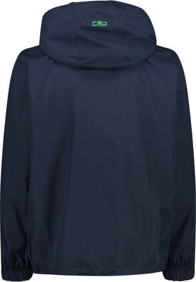 Dunkelblaue Jacke mit Kapuze und grünem CMP-Logo auf dem Rücken. Dunkelblaue Jacke mit Kapuze und grünem CMP-Logo auf dem Rücken.