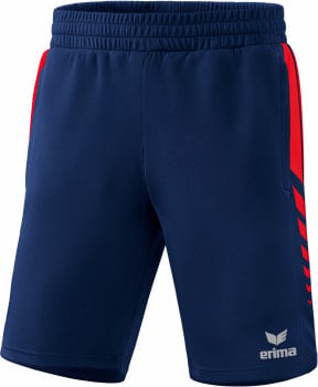 Marineblaue Shorts mit roten Seitenstreifen und Erima-Logo.