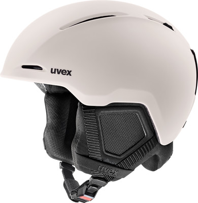 Ein beiger UVEX Skihelm mit schwarzem Logo und verstellbaren Riemen. Ein beiger UVEX Skihelm mit schwarzem Logo und verstellbaren Riemen.