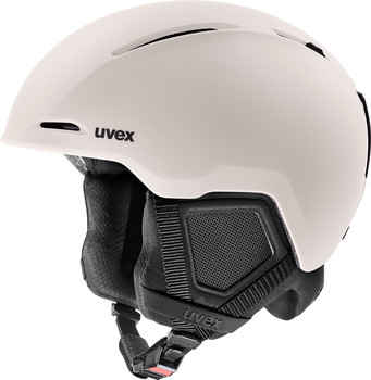 Ein beiger UVEX Skihelm mit schwarzem Logo und verstellbaren Riemen.