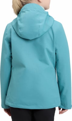 Rückansicht einer Damen-Türkisjacke mit Kapuze.