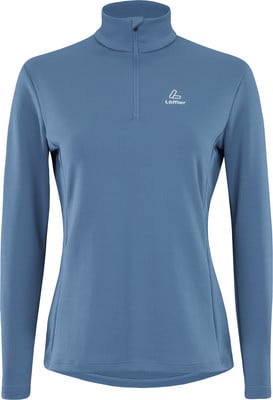 Blaues Damen-Langarmshirt mit Stehkragen und kurzem Reißverschluss. Blaues Damen-Langarmshirt mit Stehkragen und kurzem Reißverschluss.
