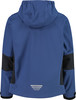 Rückseite einer blauen Jacke mit Kapuze und schwarzen Seitenteilen.