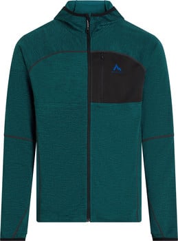 Grüne Herren-Kapuzenjacke mit schwarzer Reißverschlusstasche und Logo.