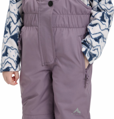 Lila Skihose für Kinder mit einem Fleece-Pullover mit Bergdruck.
