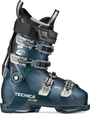 Tecnica Mach 1 MV Skischuh mit Schnallen und Markenlogo. Tecnica Mach 1 MV Skischuh mit Schnallen und Markenlogo.