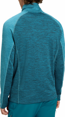 Rückansicht eines blauen Langarm-Pullover mit Reißverschluss am Kragen. Rückansicht eines blauen Langarm-Pullover mit Reißverschluss am Kragen.