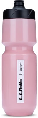 Eine rosa Trinkflasche mit schwarzem Deckel und Cube-Logo. Eine rosa Trinkflasche mit schwarzem Deckel und Cube-Logo.