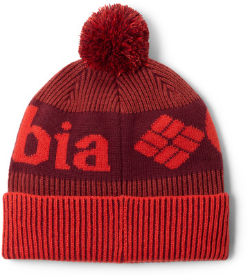 Rote Strickmütze mit Bommel und Columbia-Logo.