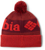 Rote Strickmütze mit Bommel und Columbia-Logo.