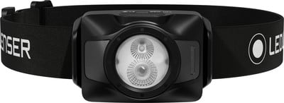 Schwarze Stirnlampe mit zwei LEDs und verstellbarem Gurt. Schwarze Stirnlampe mit zwei LEDs und verstellbarem Gurt.
