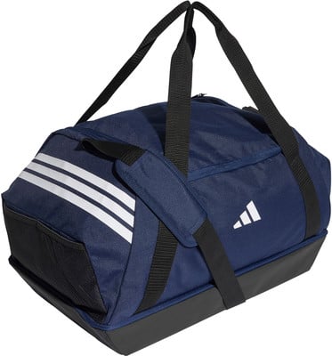 Dunkelblaue Adidas Sporttasche mit weißen Streifen und Logo.