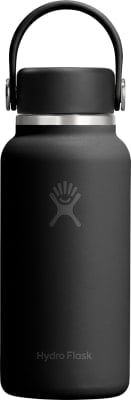 Schwarze Hydro Flask Flasche mit Griff und Logo auf weißem Hintergrund. Schwarze Hydro Flask Flasche mit Griff und Logo auf weißem Hintergrund.