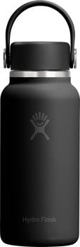 Schwarze Hydro Flask Flasche mit Griff und Logo auf weißem Hintergrund.