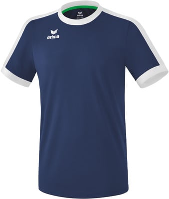 Dunkelblaues T-Shirt mit weißen Ärmeln und grünem Kragen. Dunkelblaues T-Shirt mit weißen Ärmeln und grünem Kragen.