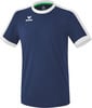 Dunkelblaues T-Shirt mit weißen Ärmeln und grünem Kragen.