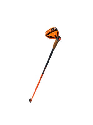 Ein Skistock mit orangefarbenem Griff und schwarzem Schaft. Ein Skistock mit orangefarbenem Griff und schwarzem Schaft.
