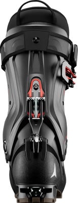 Schwarzer Skischuh mit roten Details und Schnallenverschluss.