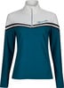 Damen-Pullover in Dunkelblau mit weißem Kragen und Streifen an den Schultern.