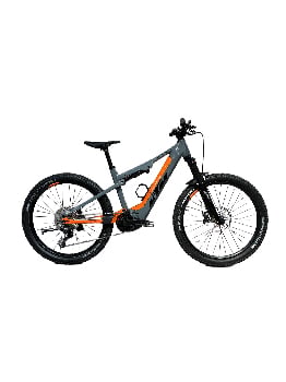 Graues und orangefarbenes KTM E-Mountainbike mit Federung.