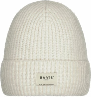 Eine weiße Rippstrickmütze von Barts mit einem Amsterdam-Patch. Eine weiße Rippstrickmütze von Barts mit einem Amsterdam-Patch.
