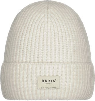 Eine weiße Rippstrickmütze von Barts mit einem Amsterdam-Patch.